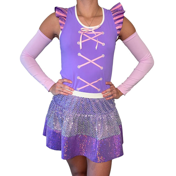 Princess Rapunzel Running Costume - Racerback Tank and Sparkle Skirt w/Optional Arm Sleeves - Rock City Skirts