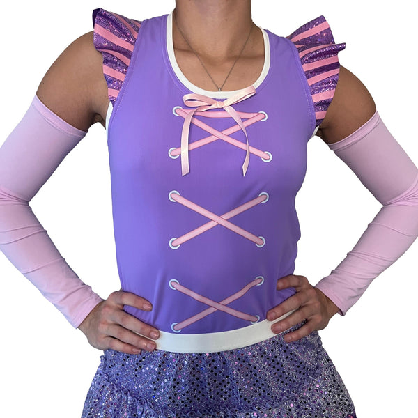 Princess Rapunzel Running Costume - Racerback Tank and Sparkle Skirt w/Optional Arm Sleeves - Rock City Skirts