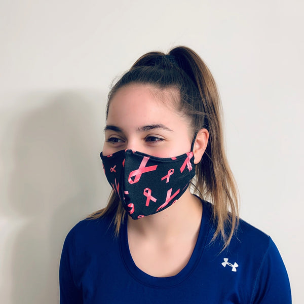 Pink Ribbon Breast Cancer Awareness Spandex Reusable Fitted Mask w/Filter Pocket - Rock City Skirts